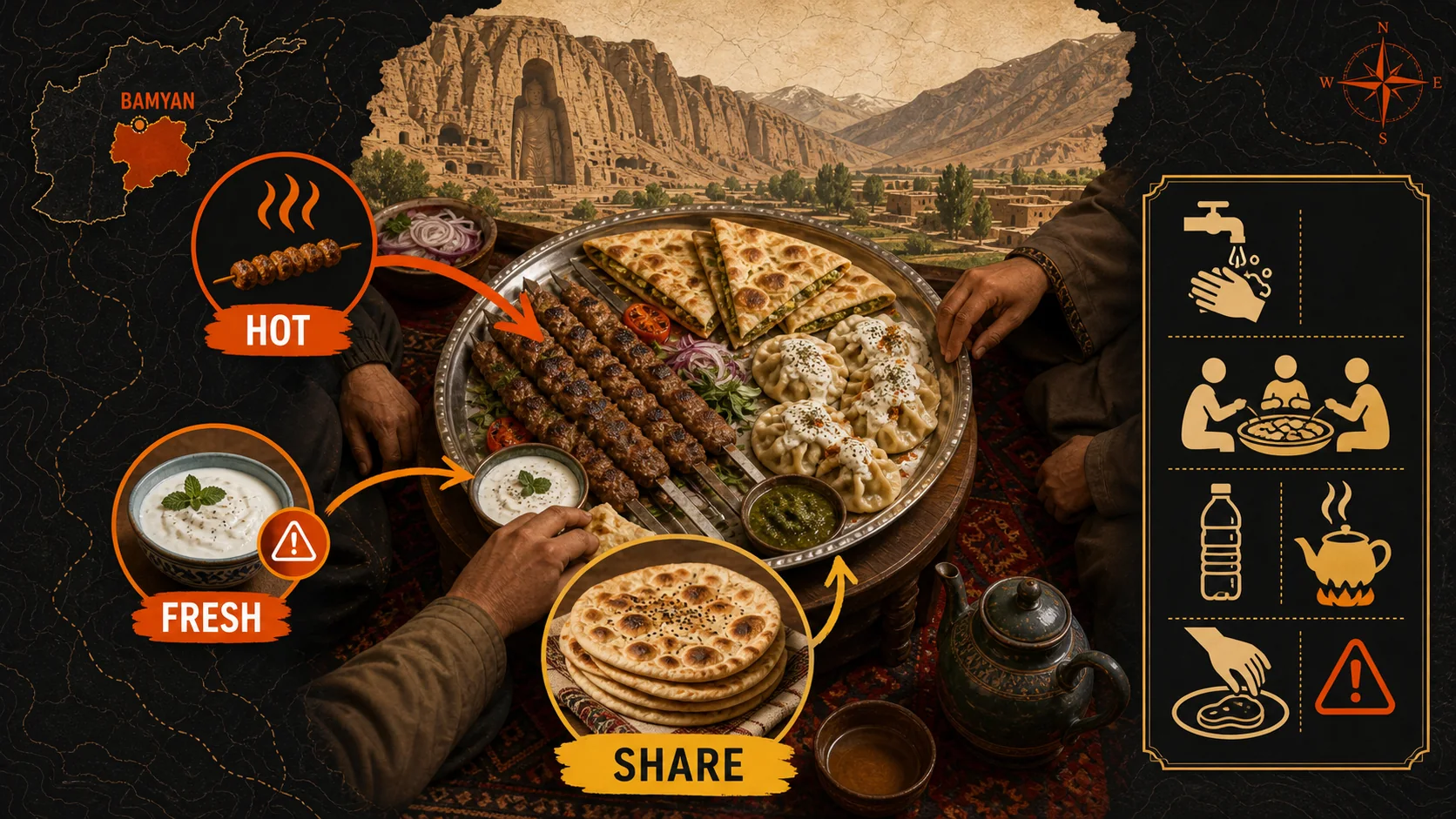 Travelers sharing a platter of kebab and naan with a local family in a Bamyan village