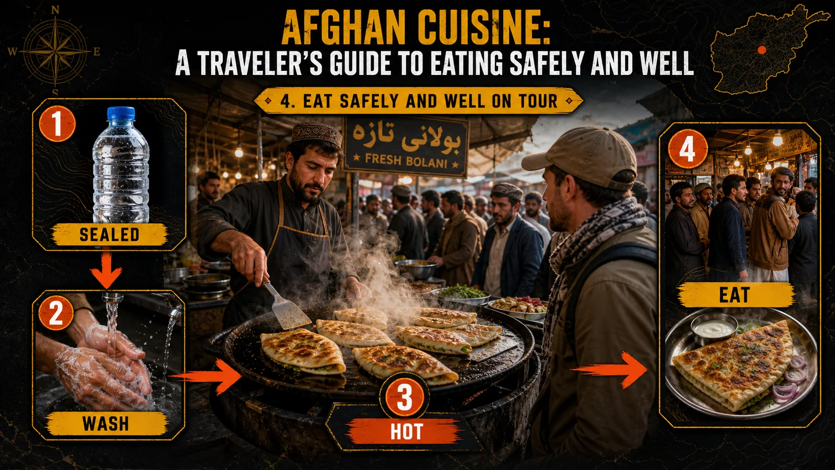 A traveler inspecting a bolani stall in a bustling Afghan market, with steam rising from the griddle