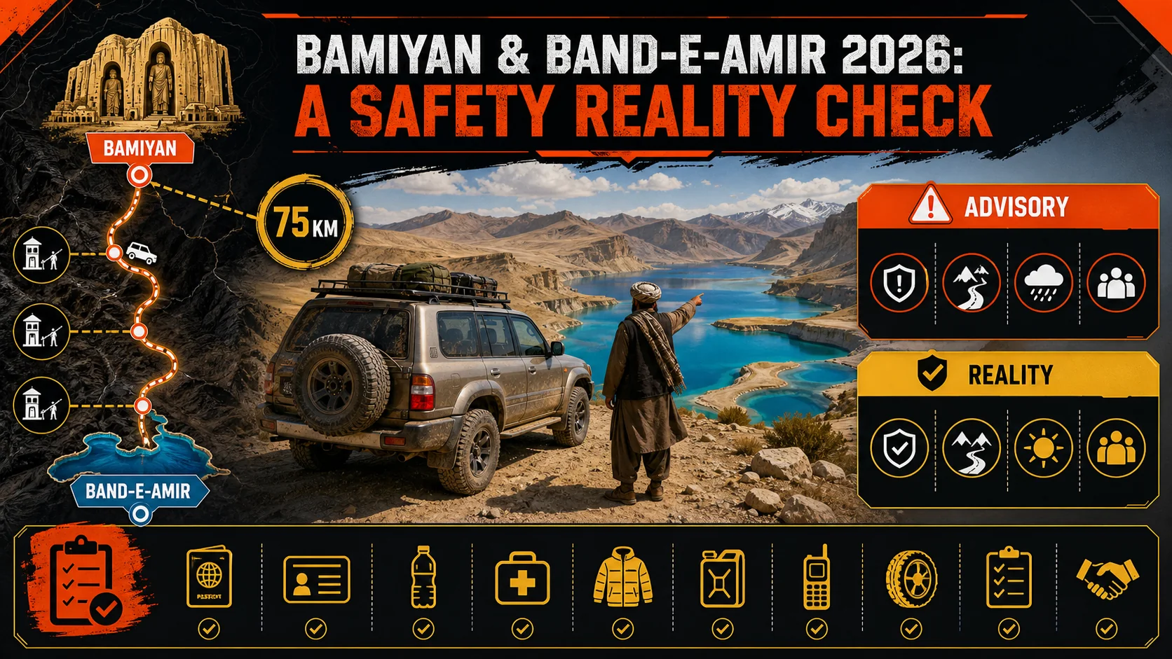 A local guide stands beside a 4x4 on a dusty mountain road overlooking Band‑e‑Amir lakes